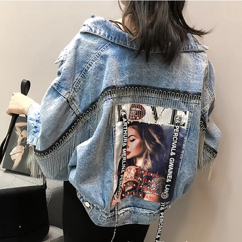 

2019 Korean Printed Beaded Jeans Coat Women Batwing Sleeve Loose Tassel Denim Jacket Spring Autumn Short Washed Cowboy Outwear