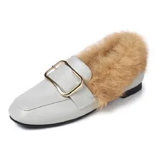 ZOEYUAI/Женская обувь без застежки с натуральным кроличьим мехом; лоферы с металлическими элементами; женские плюшевые кожаные тапочки; женская обувь на плоской подошве; zapatos mujer