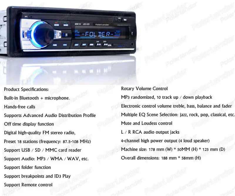 Polarlander автомобильный стерео радио 1din Авторадио Bluetooth FM Aux вход приемник автомобиля радио, sd, usb 12 В в-тире MP3 мультимедийный плеер