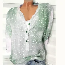 women blouse 2019 autumn basic plus size print pullover button slim fashion o-neck half sleeve female shirts vintage clothes