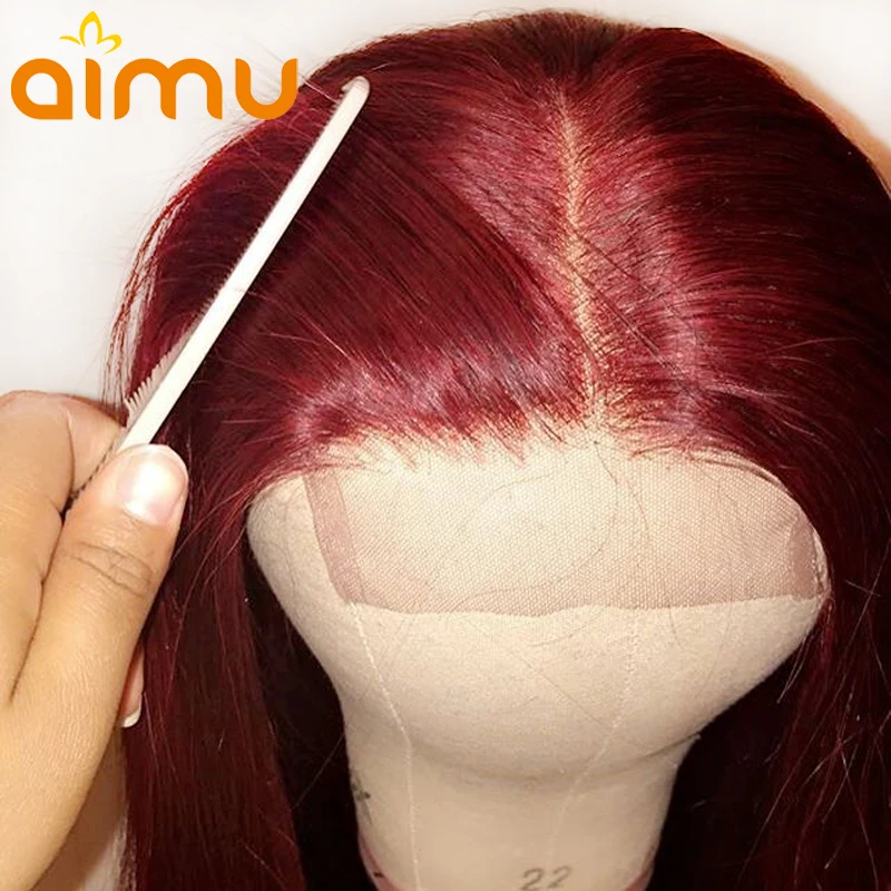 

99J Red Wine Color Customized Lace Front 100% Real Straight Human Dyed Hair Translucent Wig Remy Brazilian Invisible PrePlucked