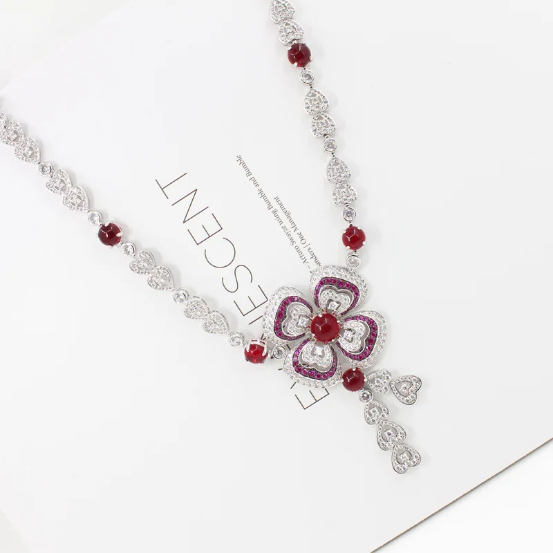 High Quality Cubic Zirconia Wedding flower Necklace Luxury band jewelry red Crystal pendant Bridal Jewelry For Bridesmaids High Quality Cubic Zirconia Wedding flower Necklace Luxury band jewelry red Crystal pendant Bridal Jewelry For Bridesmaids