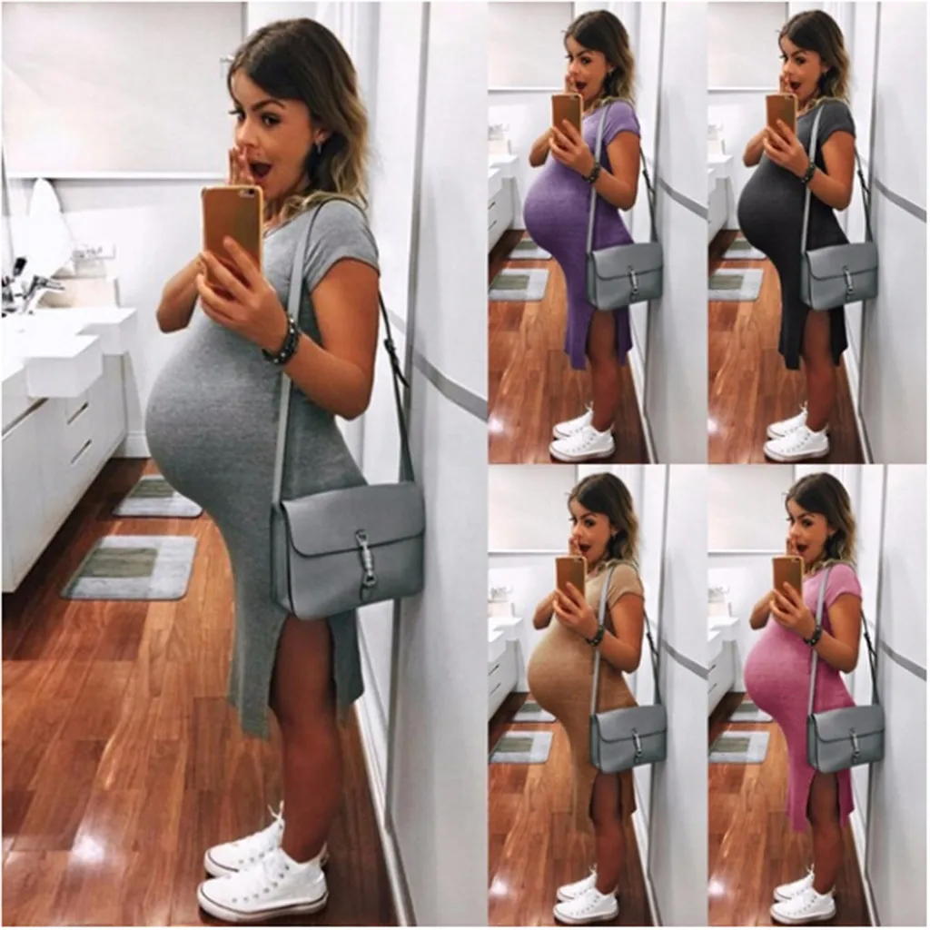 

Summer Women Maternity Short Sleeve Solid sides split Casual Sundress Pregnancy Dress Clothes Tight-fitting long pregnant Skirt