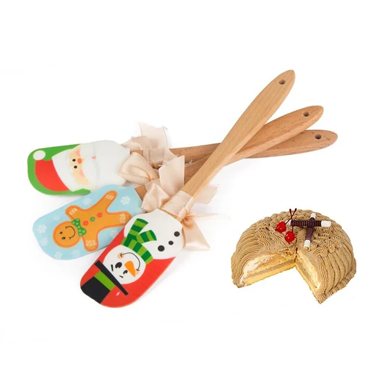 Silicone Butter Scraper Wooden Handle Cake Cream Mixing Christmas Pattern Kitchen KM88