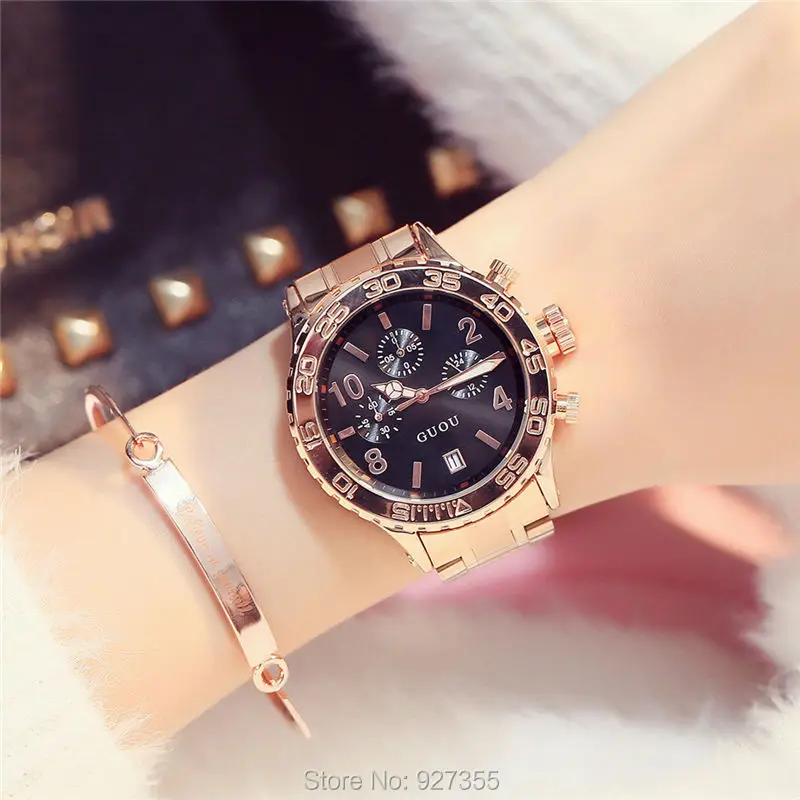 Новые Часы GUOU, модные женские кварцевые часы с календарем, розовое золото, шестиштырьковые, Ретро стиль, большой циферблат, женские многофункциональные водонепроницаемые часы