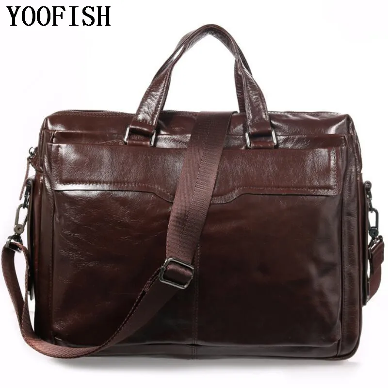 YOOFISH Men s Briefcase Leather font b Laptop b font Bag 14 Genuine Leather Men Messenger