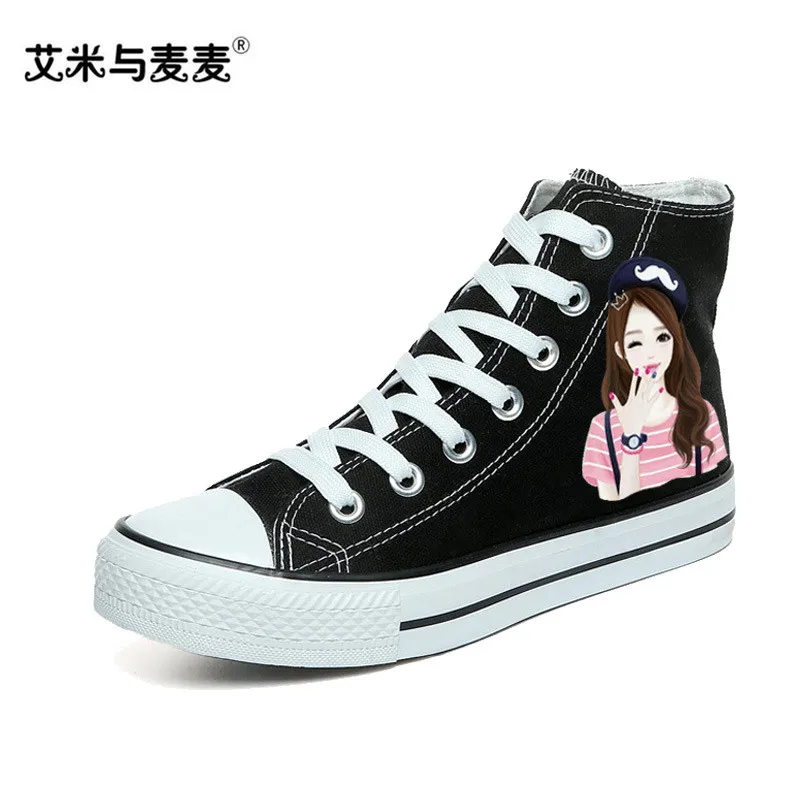 

Hand Painted Black Canvas Shoes Woman 2018 Autumn High Top Sneakers Women Casual Shoes Trainers Ladies