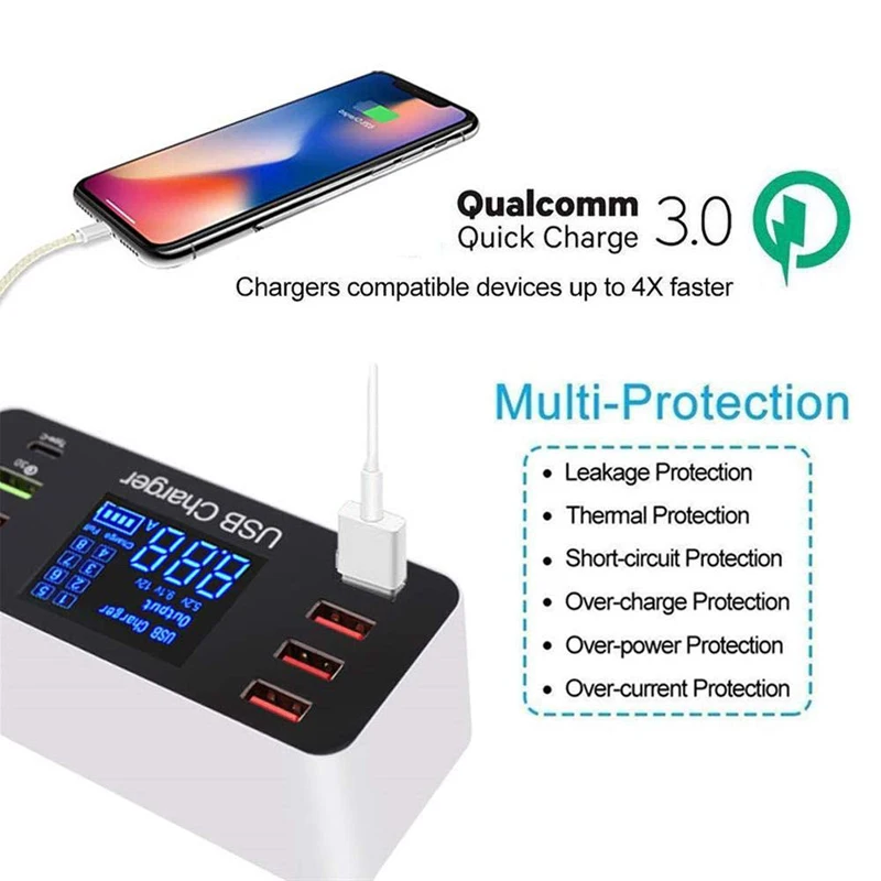 JKING LED 8 Port 8A 40W QC 3.0 USB Charger Type C Quick Smart Mobile Phone Charger For iPhone X XS Samsung S10 Huawei P30 Pro