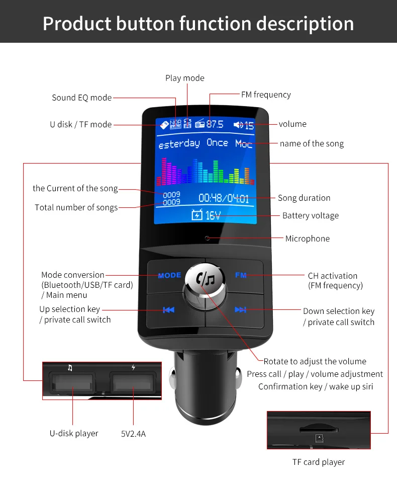 Jilang цветной экран fm-передатчик беспроводной Автомобильный MP3 аудио Bluetooth Handsfree автомобильный комплект с 5 В 2.4A двойной USB зарядкой Поддержка Siri