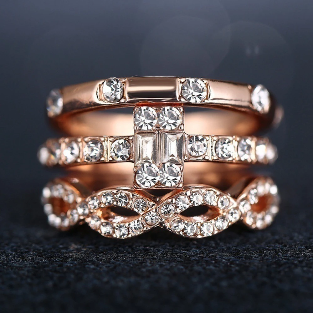 

3Pcs/Set Fashion Geometry Intersect Crystal Rings Set For Women Girls Engagement Wedding Rings Female Party Jewelry Gifts