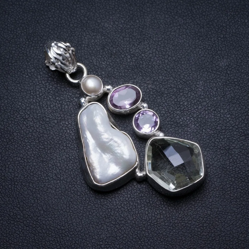 

Natural Biwa Pearl,Green Amethyst,River Pearl Amethyst Unique 925 Sterling Silver Pendant 2" X1236