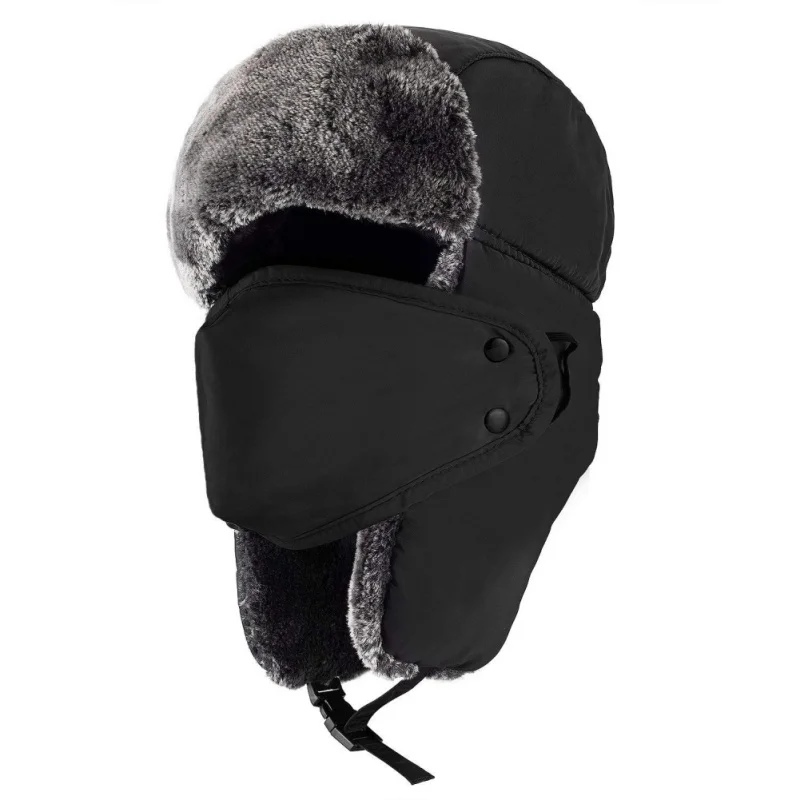 Зимние теплые мужские женские шапки унисекс шапка с наушниками грелка головы с маской Толстая камуфляжная кепка Ушная велосипедная шапка для верховой езды - Цвет: Черный