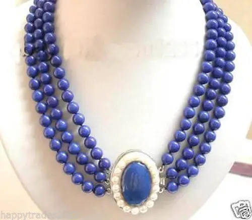 

Beautiful Jewelry 3Row Real Lapis Lazuli white pearl clasp Necklace