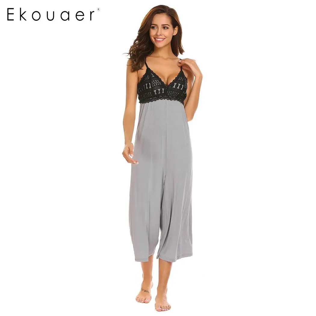 

Ekouaer Women Sexy Onesie Sleepwear Strap Spaghetti Sleeveless Lace Patchwork Pleats Cage Keyhole Nightwear Adults Onesies