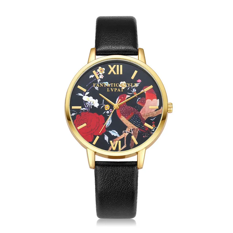 

Brand Fashion Women Watches Leather Strap Black Quartz Watch Bird Dress T-shirts Casual Crystal Sport Wristwatch 3L45
