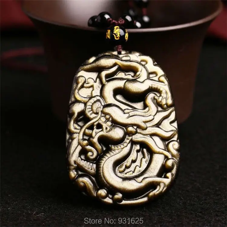 

Wonderful Natural Gold Obsidian Hand Carved Chinese Dragon Lucky Amulet Pendant + Black Beads Beads Necklace Fashion Jewelry