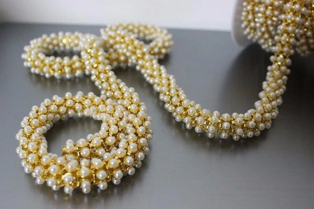 1 ярд 6 мм белый жемчуг с бисером Золотая/серебряная металлическая лента отделка