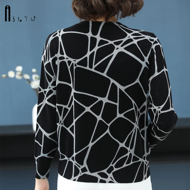 ASLTW Autumn Printed Sweater Women New Fashion Geometric V Neck Cardigan Female Plus Size Knitted Top Jumper Sweater