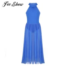 Модное платье без рукавов для латинских танцев для девочек трико с Т-образным вырезом и сетчатой Макси-юбкой лирическое танцевальное платье для девочек Одежда для танцев