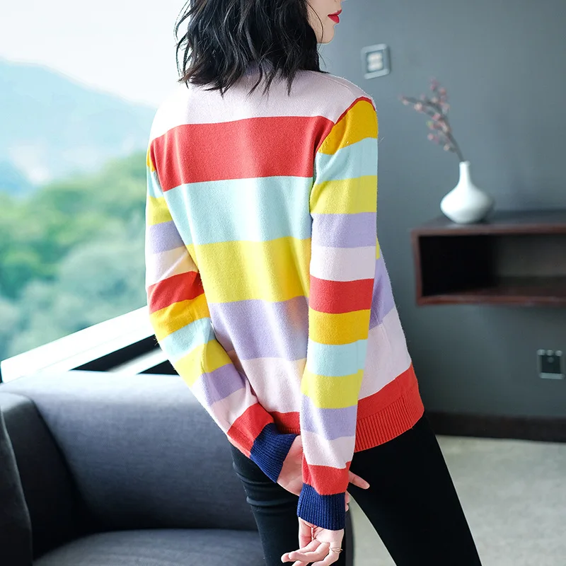 Striped elastic knit loose pullovers sweater 2018 new women autumn winter basic sweater