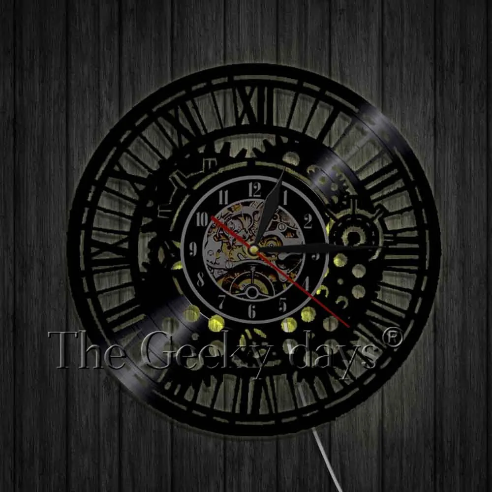 Шестерня старинные настенные часы механизм Шестерня s Cogwheel стимпанк виниловые часы домашний интерьер Декор Лофт Декор Украшение - Цвет: With LED Light