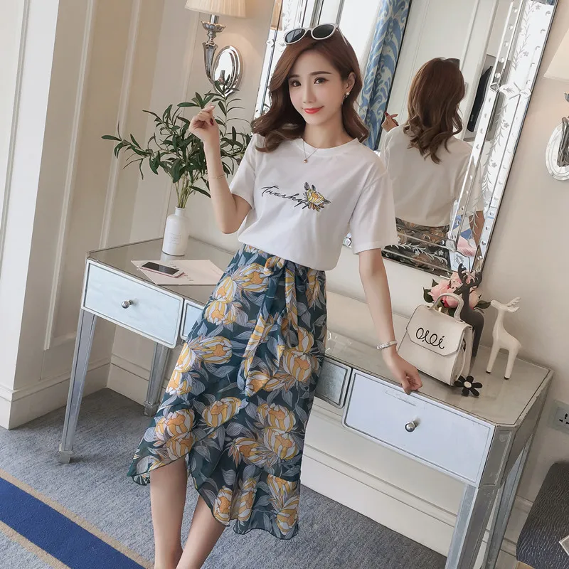 

8260# 2PCS/Set Cotton Nursing T-shirt + Floral Printed Chiffon Skirts 2019 Summer Fashion Clothes for Pregnant Women Pregnancy