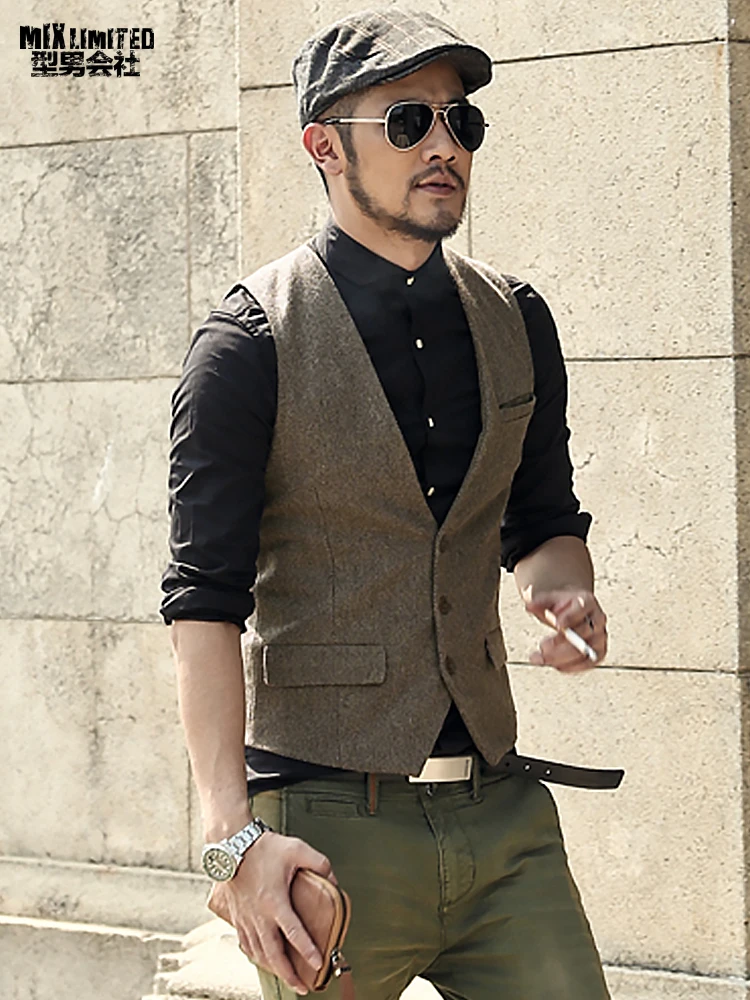 Men Formal Waistcoats Dress Suit Vest Slim Three Button Woolen Vest Men ...