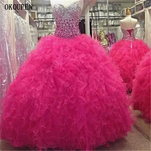 Пышные платья цвета фуксии сладкое 16 вечернее бальное платье оборками с кристаллами vestido de 15 anos suknia balowa debutante