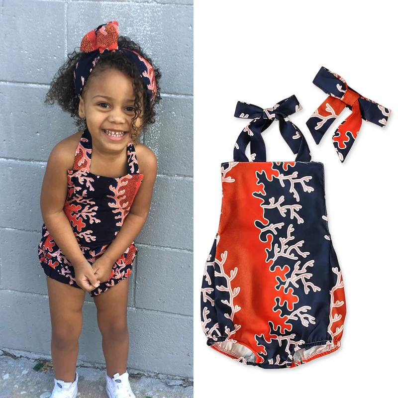 

Floral Baby Girls Clothing Set Sleevless Floral Printed Rompers Jumpsuit Playsuit Headband Infant Baby Boho Style Clothes Outfit
