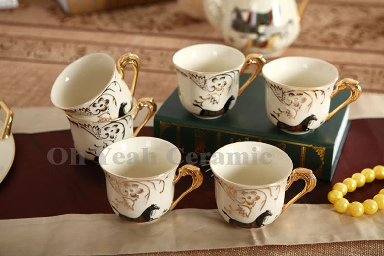 Фарфоровый чайный набор фарфор слоновой кости Бог лошади дизайн контур в золото 8 шт. чайные сервизы китайский чашки набор с подносом чайник чаем
