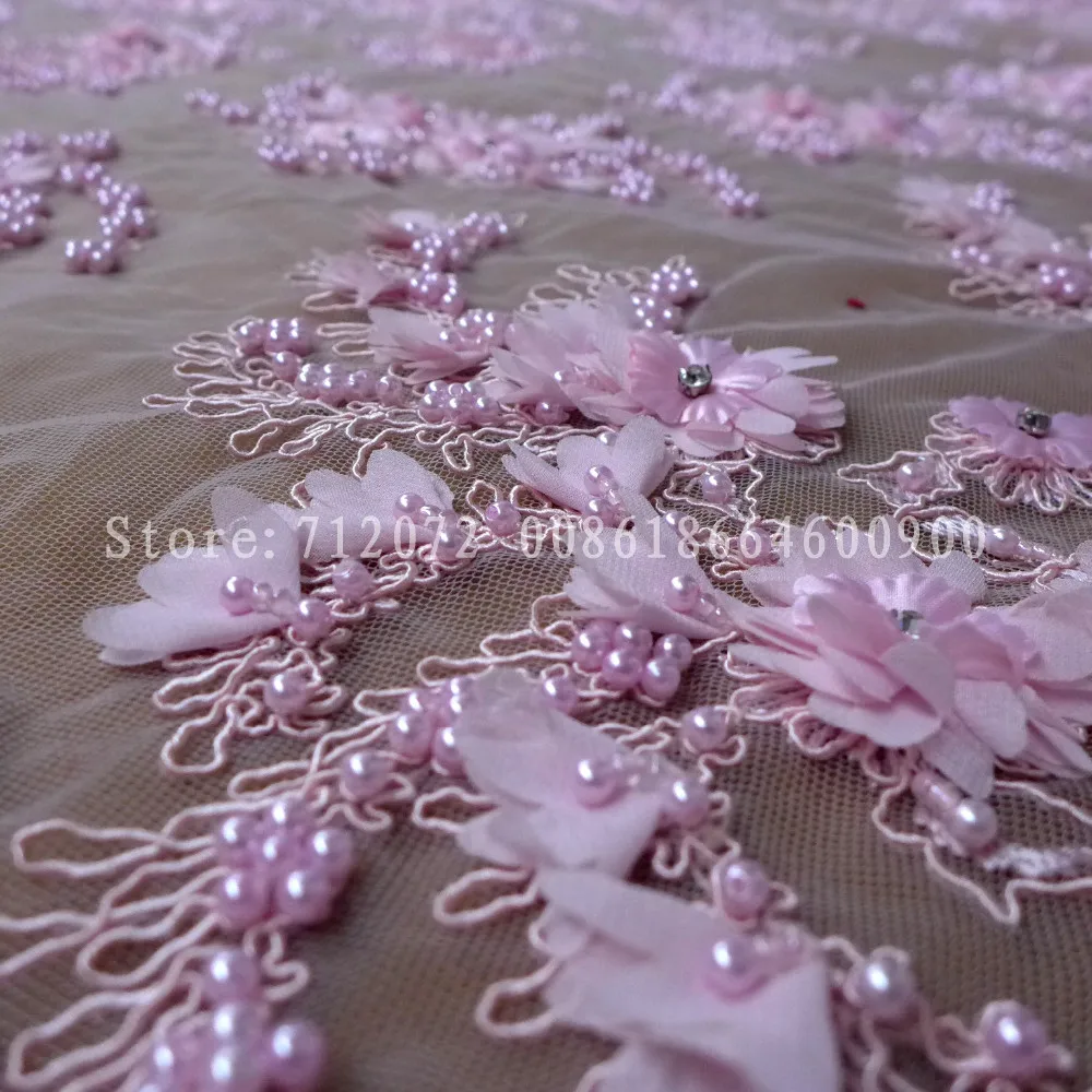 

New fashion off white/yellow/pink heavy workmanship 3D flowers beaded on mesh wedding dress/evening dress lace fabric by yard