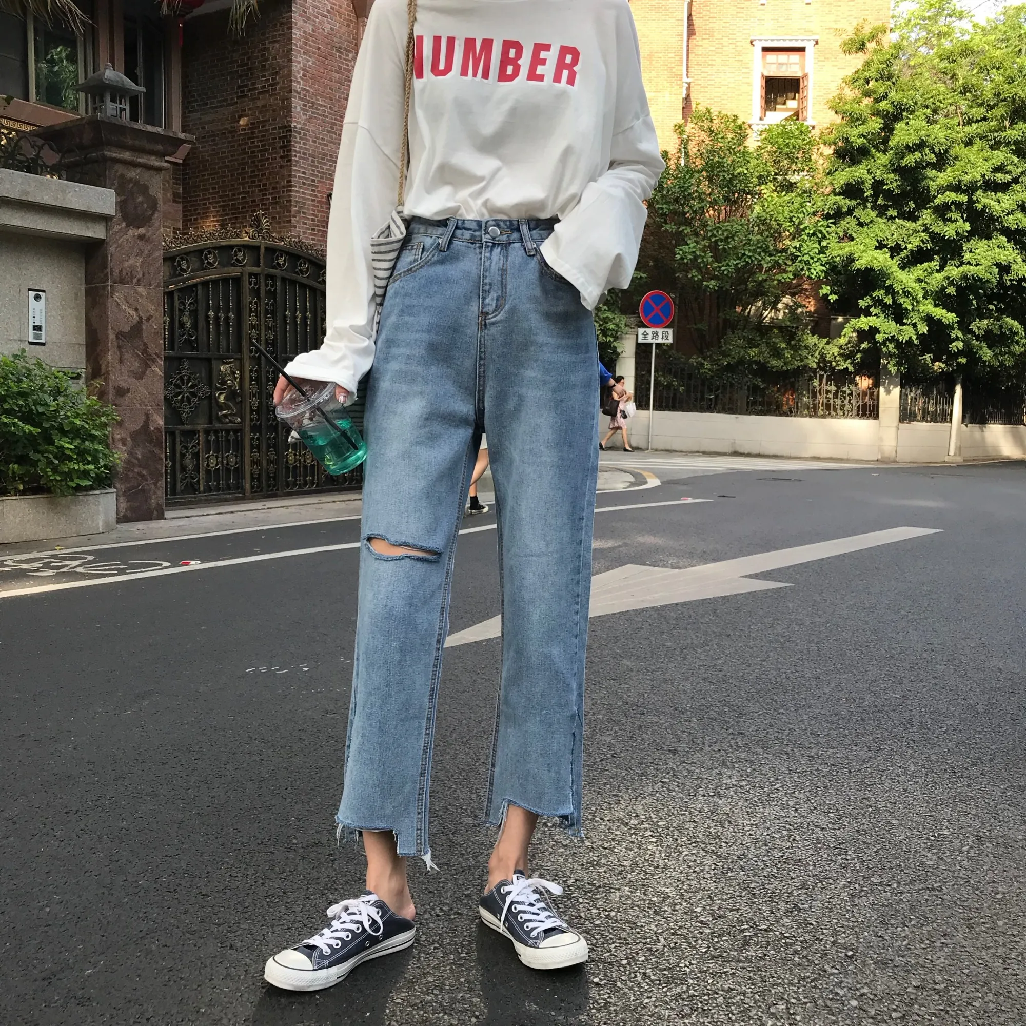 Женские рваные джинсы модные Студенты корейский стиль прямые брюки универсальные с высокой талией женские свободные досуг женские
