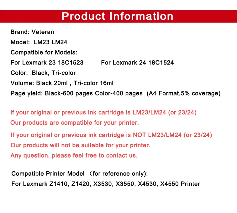 Ветеран для Lexmark 23 24 черный и цветной чернильный картридж для Lexmark Z1420 X4550 X3550 Z1410 X3530 X4530 принтера