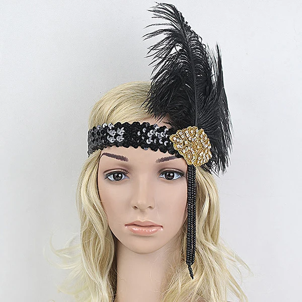 Indian Ostrich Feather Headband Flapper Shiny Sequin Headpiece Headbands for Women Flapper