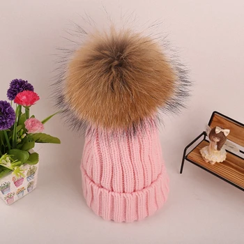 

Real Fox Fur Pompoms Knitted Hat Ball Beanies Winter Hat For Women Girl 's Hat Skullies Brand New Thick Female Cap H002-pink