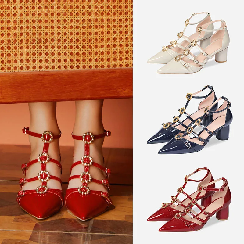 

new arrive woman fashion T strap flower diamonds belt buckle shoes woman chunky heel hollow belt strap woman low heel shoes