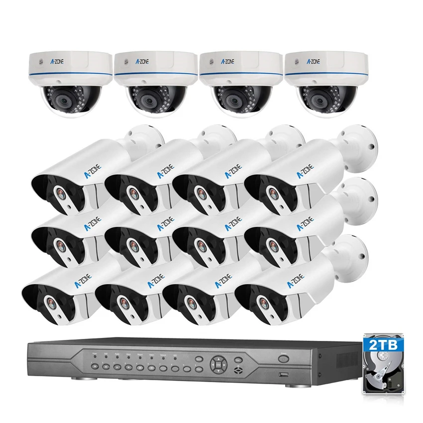 

A-ZONE 16CH 1080P IP POE HD Bullet 2.0 MP IP67 Waterproof Cameras Smart Motion Detection with 2TB