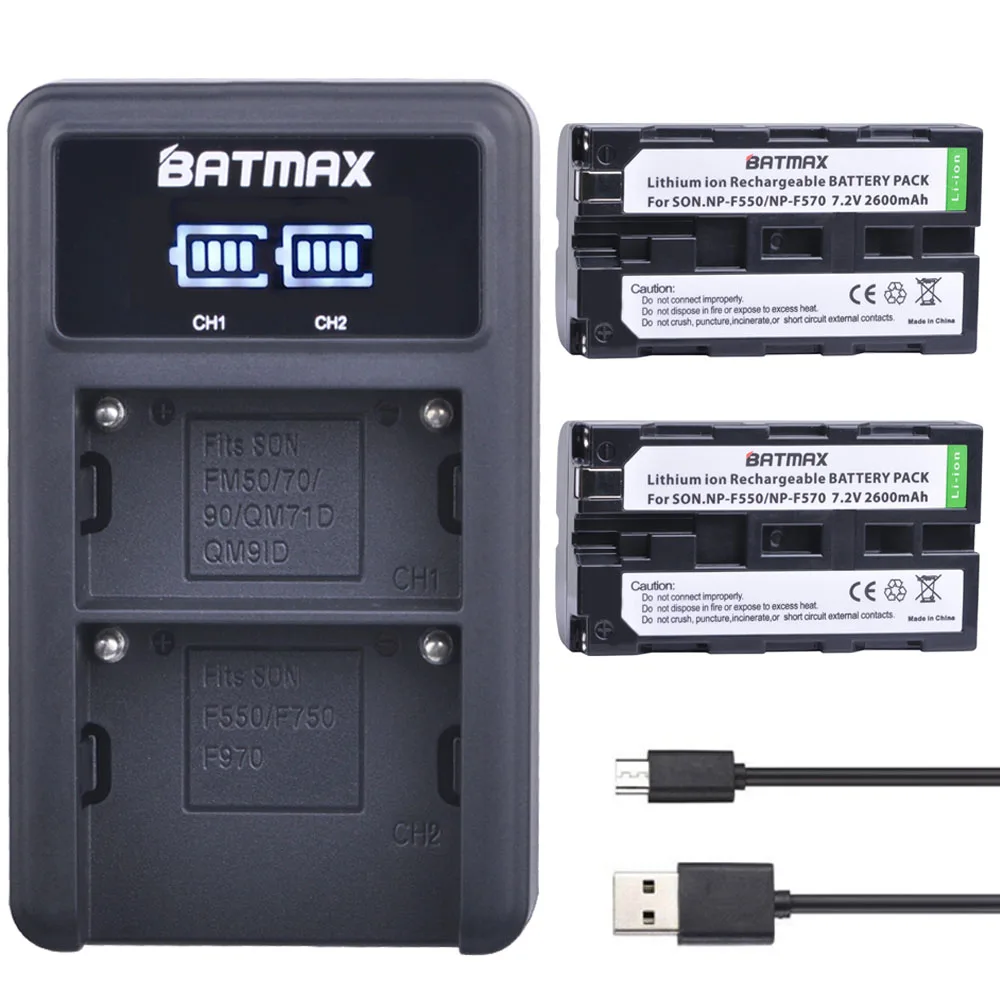 2-Pack 2600 mAh Replacement Camera Batteries, Micro USB and Type-C Input Dual Charger Neewer NP-F550 Battery Charger Set for Sony NP-F970 F750 F960 F530 F570 CCD-SC55 TR516 TR716 and More