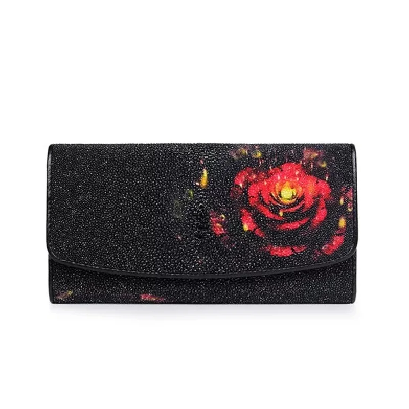

Fancy Designer Genuine Pearl Fish Skin Black Red Flower Long Style Women's Large Phone Purse Card Holder Female Clutch Wallet