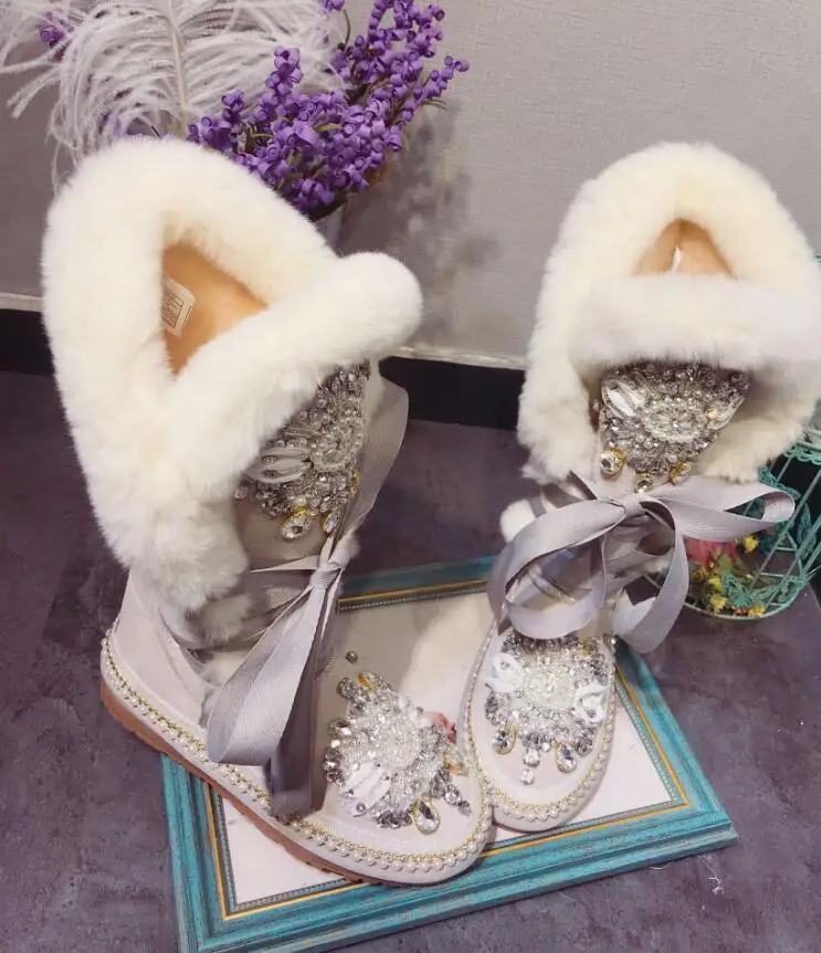 

Original homemade Meng Loli rabbit fur heavy duty rhinestone lace leather fur one snow boots cotton shoes boots