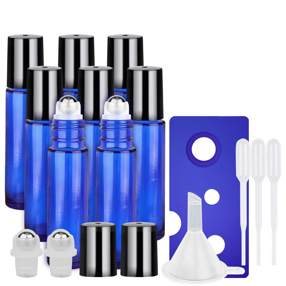 12pcs Essential Oil Roller Bottles 10 ml Amber/Blue Glass Empty Bottles with Stainless Steel Roller Balls