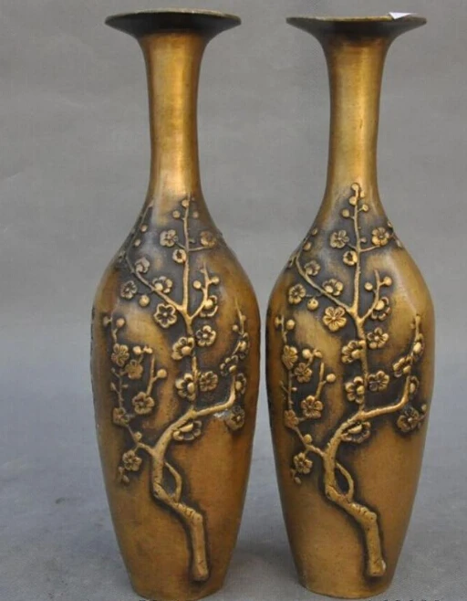 WBY 924+++9&quot Marked Old Chinese Bronze Plum Flower Ancient poetry Bottle Jar Pot Vase Pair | Дом и сад