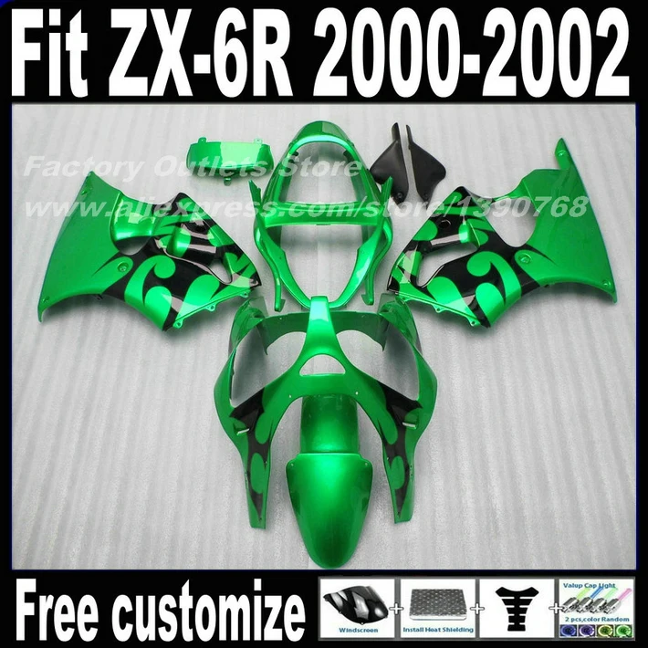 Обтекатель комплект для Kawasaki ZX-6R 2000 2001 2002 глянцевый черный зеленый Обтекатели на кузов набор ниндзя 636 ZX-6R 00 01 02 HZ38
