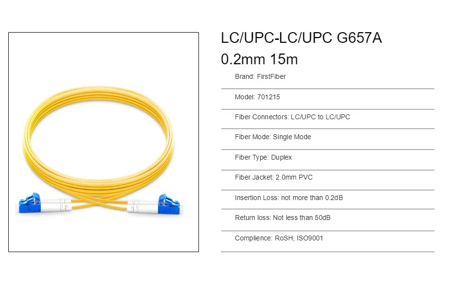 15 m LC UPC Оптическое волокно патч-корд G657A 2 ядра дуплексный волоконно-оптический кабель, перемычка, патч-корд 2,0 мм ПВХ