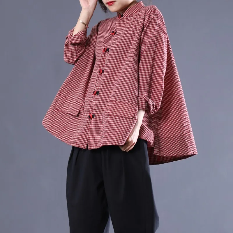 

[EWQ] 2019 Autumn New Patten Stand Collar Long Sleeve Single Breasted Plaid Patchwork Vintage Shirt Women Blouse AD65803
