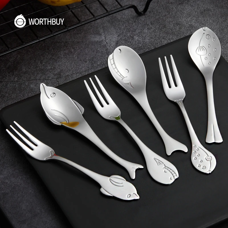 

WORTHBUY 2 Pcs/Set Cartoon Tableware For Kids Spoon Fork Reusable Cutlery Set 304 Stainless Steel Dinnerware Kitchen Dinner Set