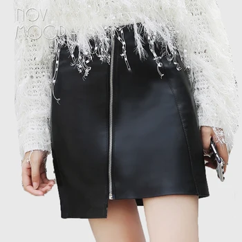 

Women autumn spring black genuine leather sheepskin lamb A-Line mini skirt front slanted zipper faldas jupe saia etek LT1589