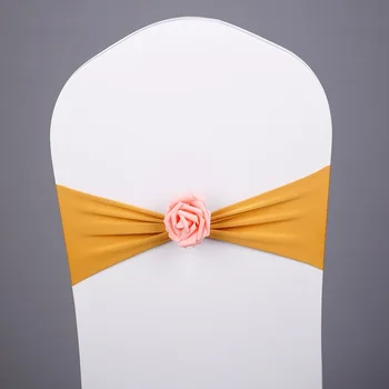

Gold colour spandex sashes with rose ball artifical flower for stretch chair covers wedding lycra bow tie band wholesale
