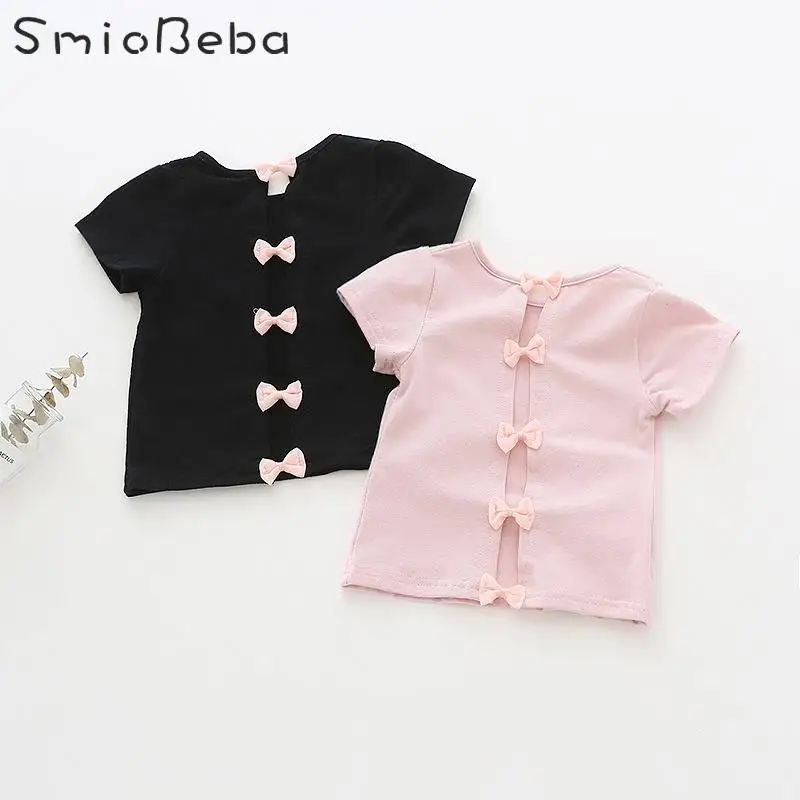 

Bab Girls Short Sleeve T-shirt With Butterfly Knot Short Back 19 Summer Ins Children's Round Collar Cotton Blouse Korean Shirts