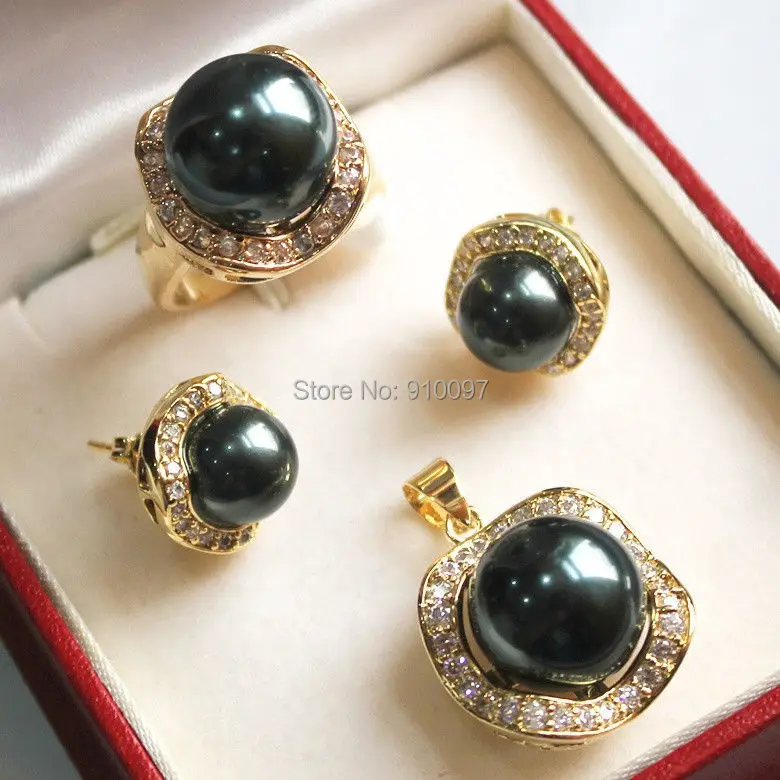 

LHX54012>>>1Set AAA 10mm &14mm black South sea Shell Pearl Earrings Necklace Ring Set A9